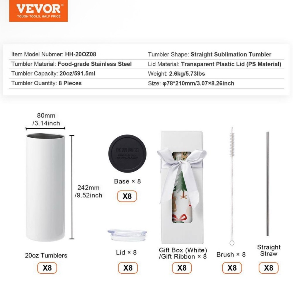 VEVOR 20oz Stainless Steel Tumblers Sets 8 ct Bulk